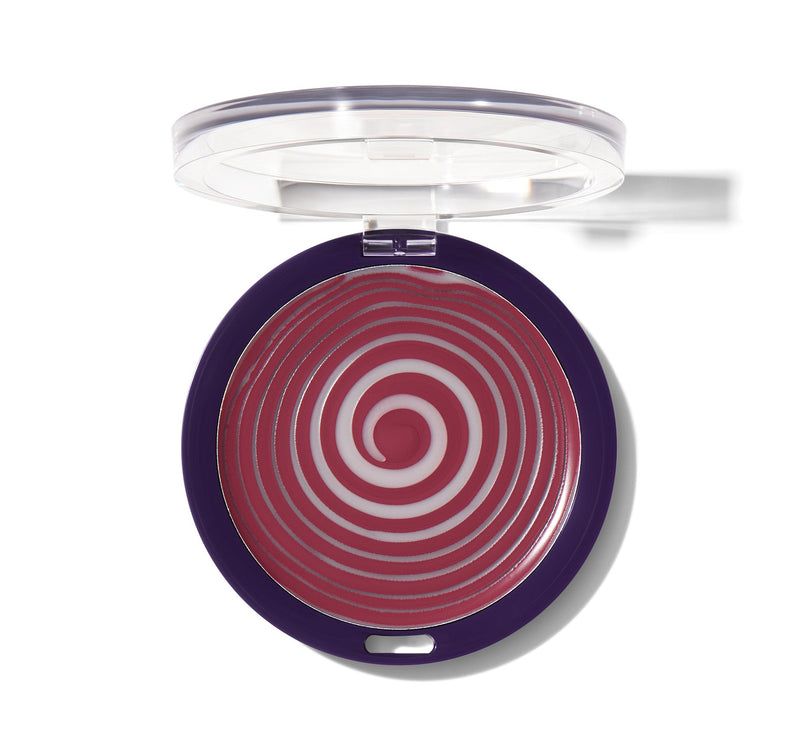 A red swirled solid blush in a blue compact with a clear lid