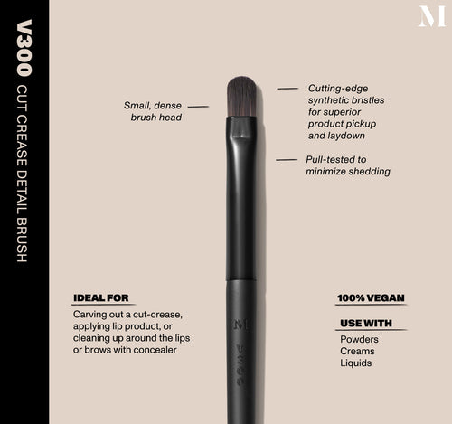 Infographic of brush details: V300 – CUT CREASE DETAIL BRUSH
Small, dense brush head, Cutting-edge synthetic bristles for superior product pickup and laydown
Pull-tested to minimize shedding 
100% vegan
IDEAL FOR: Carving out a cut-crease, applying lip product, or cleaning up around the lips or brows with concealer
IDEAL WITH: Powders, Creams, Liquids , view larger image-view-2