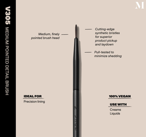 Infographic of brush details: V305 – MEDIUM POINTED DETAIL BRUSH
Medium, finely pointed brush head, Cutting-edge synthetic bristles for superior product pickup and laydown, Pull-tested to minimize shedding 
100% vegan
IDEAL FOR: Precision lining
IDEAL WITH: Powders, Creams, Liquids , view larger image-view-2